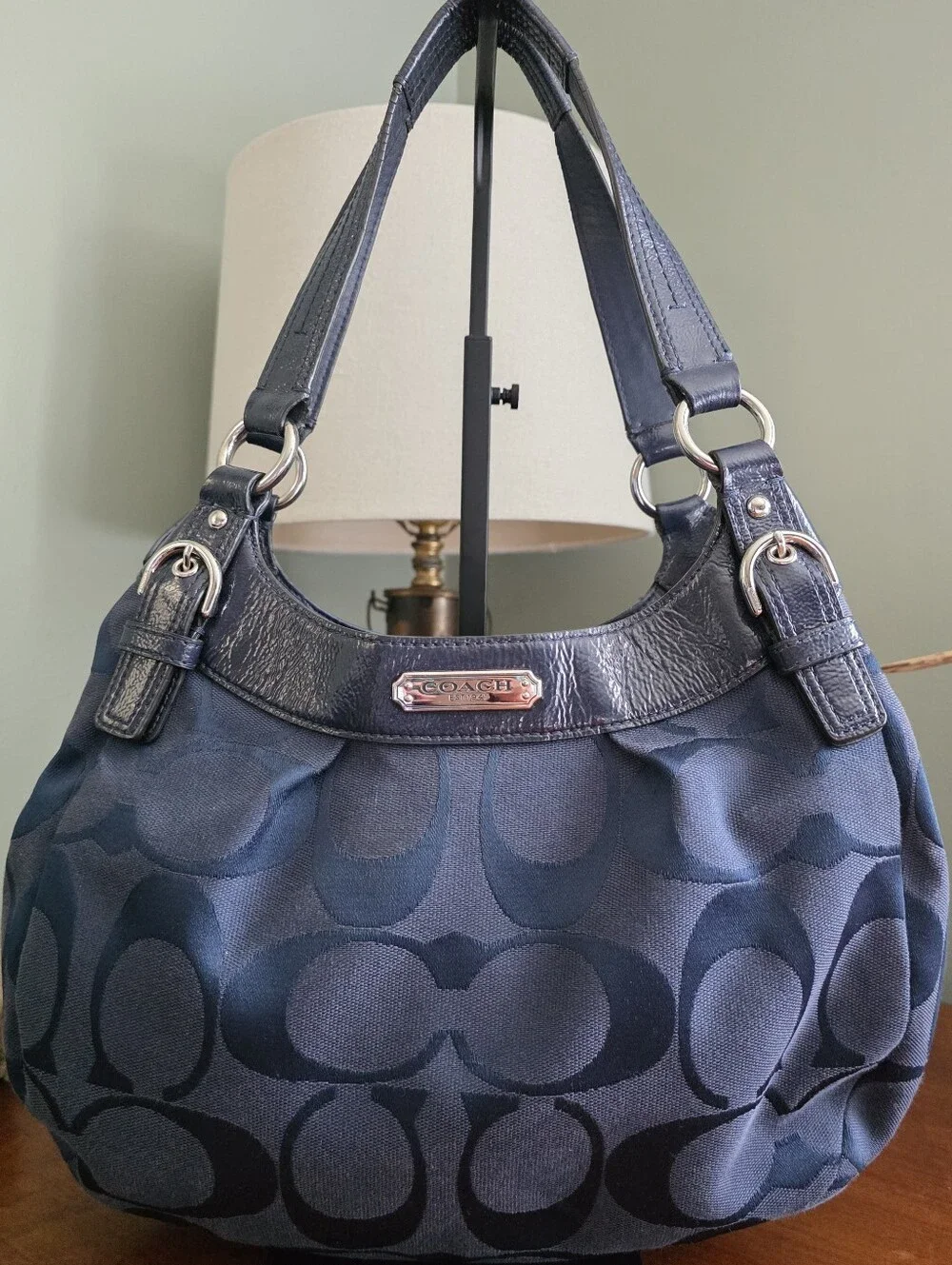 Coach F19945 Soho Hobo Navy Signature Jacquard Patent Leather Shoulder Bag Y2K